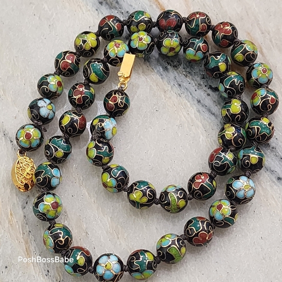 Vintage Black Cloisonné Bead Necklace with Floral Motif & Filigree Clasp - Picture 1 of 7